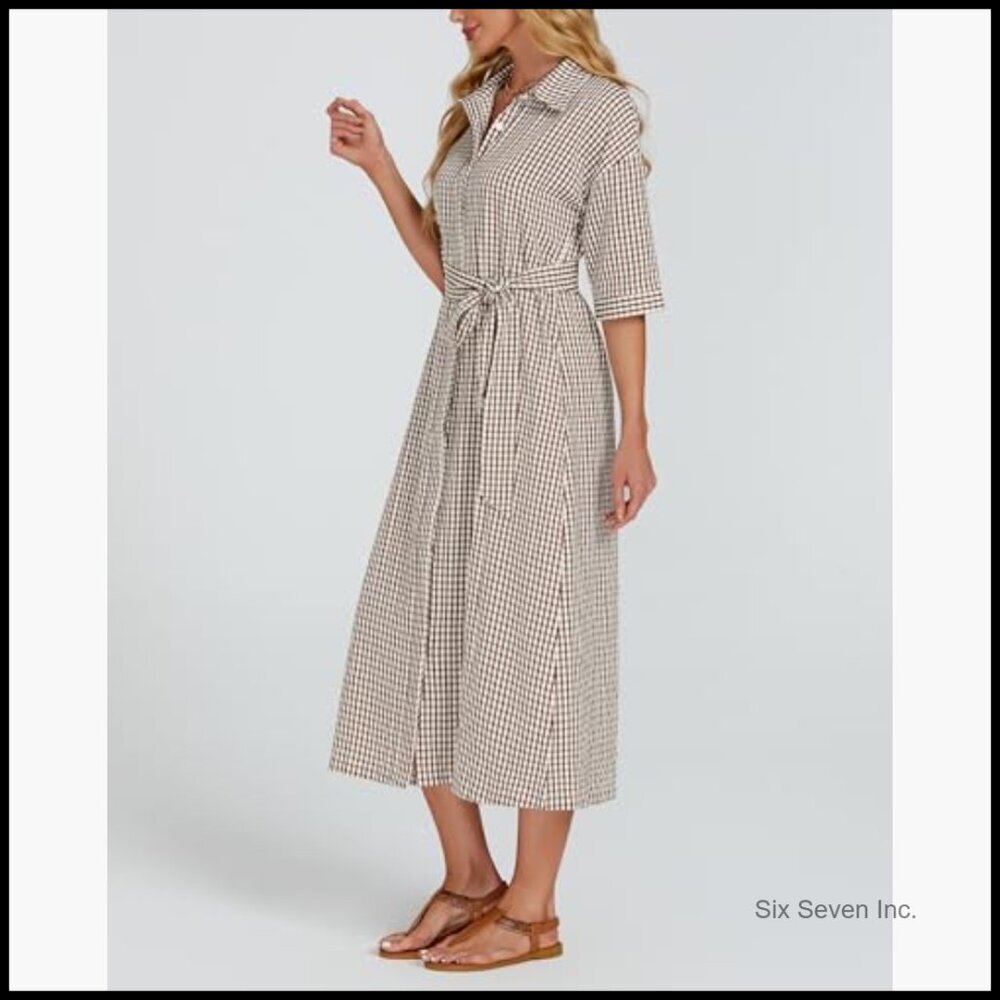 Half Sleeve Plaid Maxi Dress with Removable Belt and Pockets - Picture 2 of 7